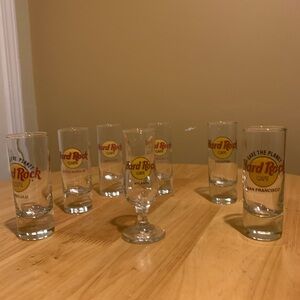 6 Hard Rock Cafe Double Shot Glasses And One Small Wine Glass